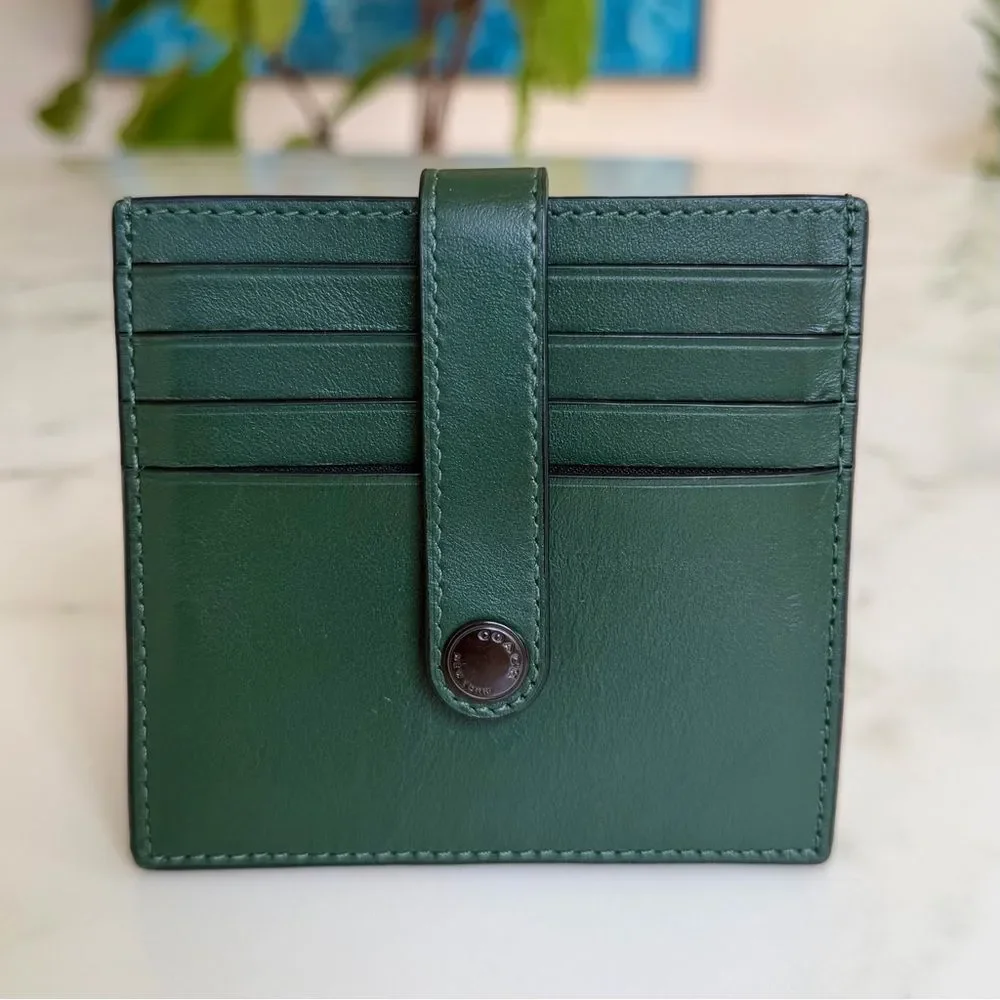 Coach Heritage Card Case Dark Clover Green Leather Snap Wallet C3162 Unisex